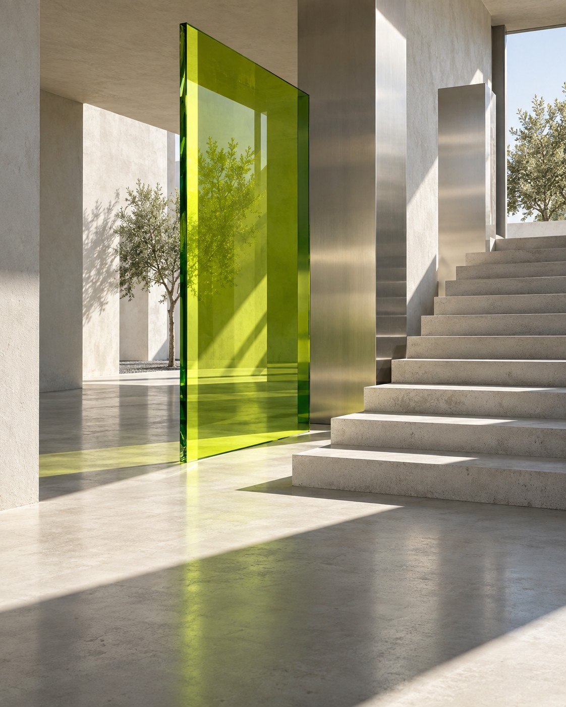 Sunlight crosses a pale concrete interior with ascending steps, brushed steel panels, and a translucent lime glass plane casting green reflections.